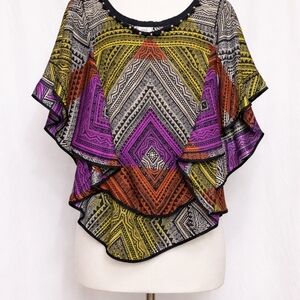 ECI Multicolor Geometric Ruffle Sleeve Blouse - Purple, Orange, Yellow, Black